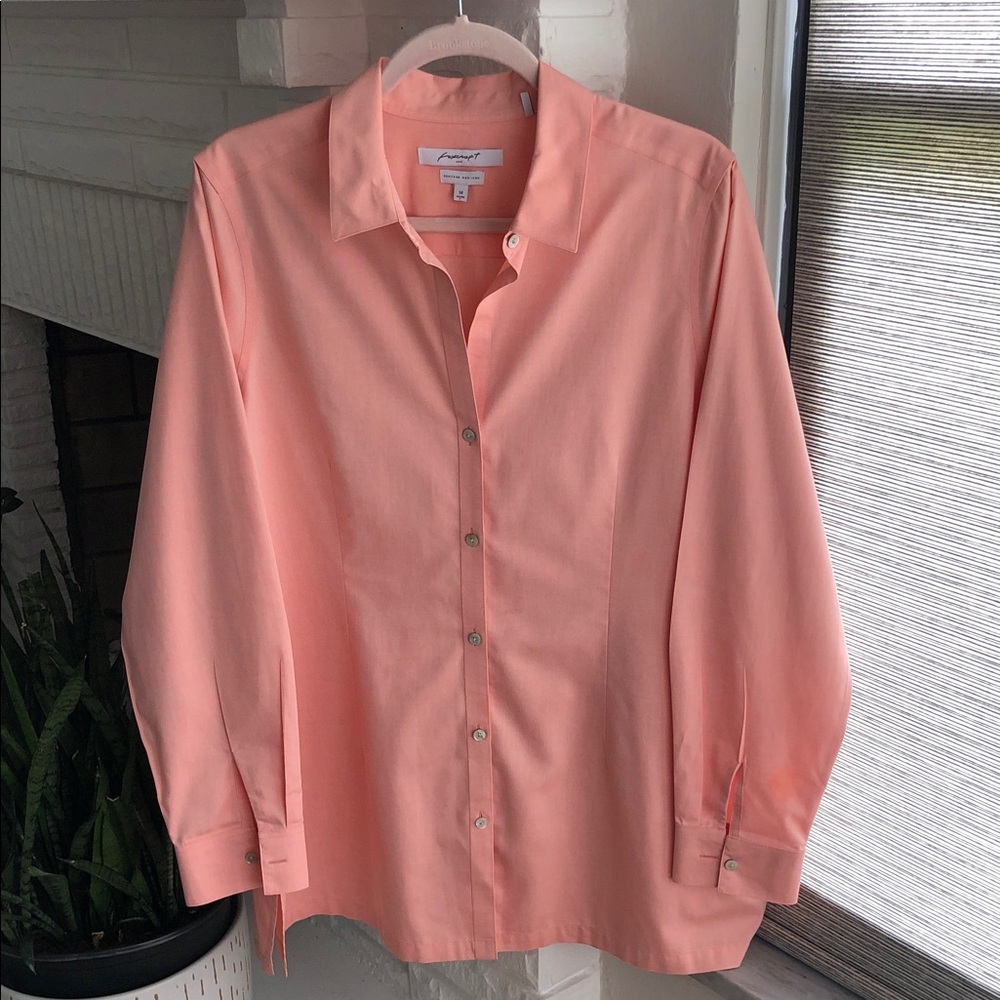 Foxcroft Cotton Coral Pink Long Button-up Tunic Blouse Size 14